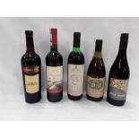 Five bottles of red wine including Bradshaw, Domaine Boyar, Påzurro Rossi and Badgers Creek.