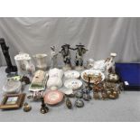 An assortment of china and metal ornaments, including some Aynsley and a cutlery canteen.