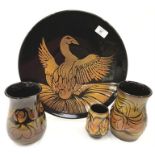 Poole Pottery Aegean 13.5" Charger by D Davis, plus two shape 83 vases and one other small vase
