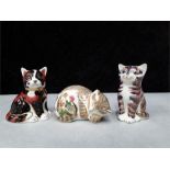 Crown Derby paperweights: Calico kitten gold stopper, cottage garden kitten gold stopper, seated cat