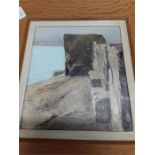 A framed oil by David Evans of a cliff. See reverse- Pall Mall Gallery and Hedleys label.