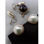a pair of gold" pearl"Earrings one other a fob pendant.