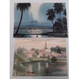 Two watercolours: Lake scene by D GK and a plantation scenescape by AB Hassan.