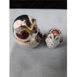 Crown Derby paperweights: Tawny owl and owlet.