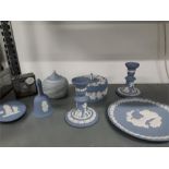 Wedgwood: Two candle sticks etc, with a rare original Christmas plate, 1969.