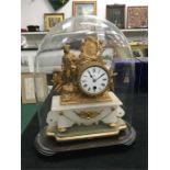 A french gilt cased decorative clock with a young beau, festoons, alabaster base and stand in