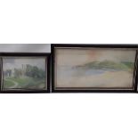 Charles Fleetwood Varley framed Watercolours: Beach scene and Castle . the enameler for Liberty of