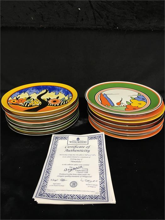 Wedgwood, Limited edition, bone china plates in Clarice Cliff designs (including certificates).