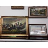 A framed oil painting of horses and calvery together with a watercolour of a country scene.