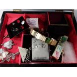 A quantity of costume jewellery in box including silver.