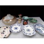 A quantity of china and glass. blue white plates, Belgium man in the moon, Devon ware candlestick