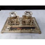 Early Victorian brass pen ink stand with cut glass stands,inkwells and two period pens.