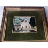 A framed Pietra Dura hard stone picture of a monastery, fountain, people etc.