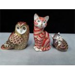 Crown Derby paperweights: Cat no stopper, seated ginger cat no stopper, short eared owl gold