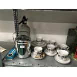 Soda dispenser ice bucket, picture set of cups and saucers of The Town Hall and High Street,