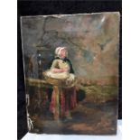 A signed oil on canvas: Washer woman after George Morland.