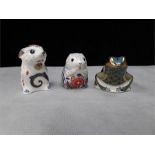 Crown Derby paper weights: Imari frog gold stopper, Poppy Mouse silver stopper, new year mouse