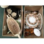 Two boxes of china, including Sylvac mugs and ornamental plates.
