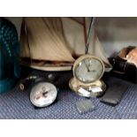 Two vintage clocks with two model sailing dinghies and other collectables.