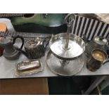 Siver plate items to include a two tier centre piece and teapots.