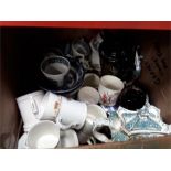 A box of chinaware, including Royal memorabilia.