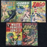 Five jungle related golden age comics: Fiction House Jumbo Comics No.80 and No.136; Fox Feature Zago