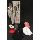 Mattel Ken doll No.750 Brunette in #796 Navy Outfit. VG (some discolouration to outfit) with stand