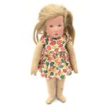 Käthe Kruse (Germany) cloth doll with moulded composition face, painted features and blonde wig.