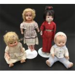 Selection of assorted dolls: wax doll with blue glass eyes, blonde mohair wig, wax legs and forearms
