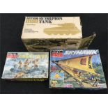 Three Palitoy Action Man vehicles: Skyhawk; Scorpion Tank; Assault Craft. Appear G-G+ in F boxes.