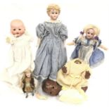 Five small bisque dolls: Simon and Halbig (Germany) miniature bisque head doll with weighted blue