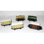 HORNBY DUBLO 3R D1 Wagons - 2 x SR Meat Vans, Buff ESSO Tank Wagon and a NE Brake Van - all Good and