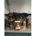 A collection of brass and copper, lamp, coffee pots ,etc