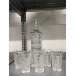 A Russian glass decanter together with six matching glasses.