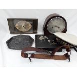 Two mantle clocks together with a metal tray, paper mache box, a boy scouts belt and a H.M.S Ark