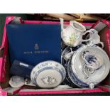 Two boxes of china to include blue and white plates, Chinese bowls, Royal Worcester plates etc.
