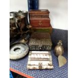 Various boxes to include wooden, brass, a camel bone trinket box, a brass candlestick etc.