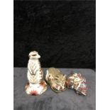 Three Royal Crown Derby paperweights: Meerkat, Sleeping Kitten and Country Garden Kitten.