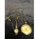 A 9ct gold fob watch and gold coloured chain, a ladies 9ct gold wristwatch with gold coloured