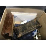 Box of silver plate, pictures, stamps etc.