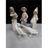 Lladro: Girl with lamb in arms, boy in waders, young girl, two swans, no boxes.