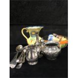 A silver sparrow beaked jug together with silver plate, China, cutlery etc.