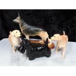 Beswick: Labradors, Black Scotty dog and Alsatian on stand.