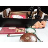 A box of collectables brise fan , tape measure ,rules spelter etc