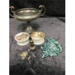 Two pot lids (af), a silver pepperette, a pewter tazza and three other items.