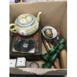 A box of China and other collectibles.