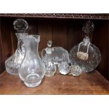 A quantity of glassware, vases, decanters etc.