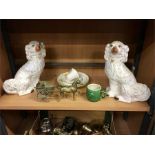 Two Staffordshire dogs (one with hairline cracks) along with other china and an item of brassware.