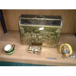 A brass box, a boss on head Lyme Regis cup and sugar bowl together with a brass and camel boned