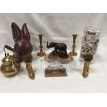 A collection of 9 items to include brass boots, kettle, Wooden bunny, candlesticks, Glass ship in